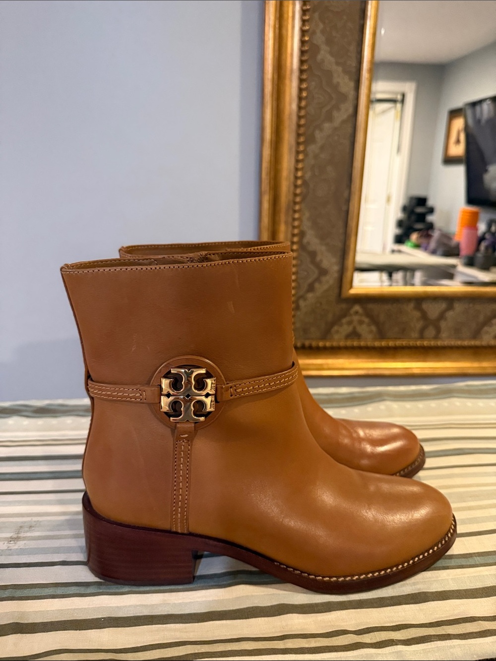 Tory Burch Tan Leather Logo Medallion Ankle Boots